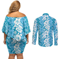 Hawaiian Lei Day Couples Matching Off Shoulder Short Dress and Long Sleeve Button Shirt Blue Hibiscus Flowers Lei Art LT9 - Polynesian Pride