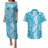 Hawaiian Lei Day Couples Matching Puletasi and Hawaiian Shirt Blue Hibiscus Flowers Lei Art LT9 Blue - Polynesian Pride