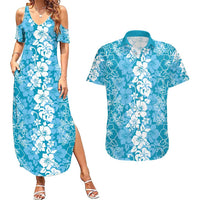 Hawaiian Lei Day Couples Matching Summer Maxi Dress and Hawaiian Shirt Blue Hibiscus Flowers Lei Art LT9 Blue - Polynesian Pride