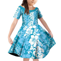 Hawaiian Lei Day Family Matching Off Shoulder Short Dress and Hawaiian Shirt Blue Hibiscus Flowers Lei Art LT9 Daughter's Dress Blue - Polynesian Pride