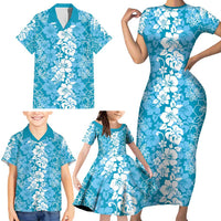 Hawaiian Lei Day Family Matching Short Sleeve Bodycon Dress and Hawaiian Shirt Blue Hibiscus Flowers Lei Art LT9 - Polynesian Pride