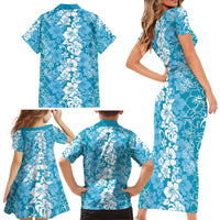 Hawaiian Lei Day Family Matching Short Sleeve Bodycon Dress and Hawaiian Shirt Blue Hibiscus Flowers Lei Art LT9 - Polynesian Pride