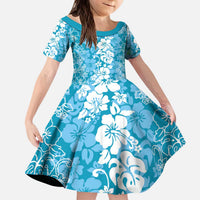 Hawaiian Lei Day Kid Short Sleeve Dress Blue Hibiscus Flowers Lei Art