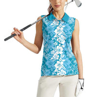 Hawaiian Lei Day Women Sleeveless Polo Shirt Blue Hibiscus Flowers Lei Art LT9 - Polynesian Pride
