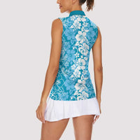 Hawaiian Lei Day Women Sleeveless Polo Shirt Blue Hibiscus Flowers Lei Art LT9 - Polynesian Pride