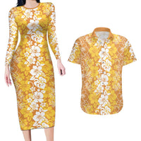 Hawaiian Lei Day Couples Matching Long Sleeve Bodycon Dress and Hawaiian Shirt Gold Hibiscus Flowers Lei Art LT9 Gold - Polynesian Pride