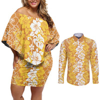 Hawaiian Lei Day Couples Matching Off Shoulder Short Dress and Long Sleeve Button Shirt Gold Hibiscus Flowers Lei Art LT9 Gold - Polynesian Pride
