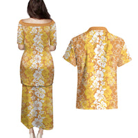 Hawaiian Lei Day Couples Matching Puletasi and Hawaiian Shirt Gold Hibiscus Flowers Lei Art LT9 - Polynesian Pride
