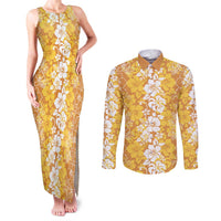 Hawaiian Lei Day Couples Matching Tank Maxi Dress and Long Sleeve Button Shirt Gold Hibiscus Flowers Lei Art LT9 Gold - Polynesian Pride