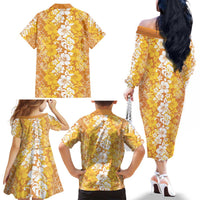 Hawaiian Lei Day Family Matching Off The Shoulder Long Sleeve Dress and Hawaiian Shirt Gold Hibiscus Flowers Lei Art LT9 - Polynesian Pride