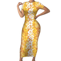 Hawaiian Lei Day Family Matching Short Sleeve Bodycon Dress and Hawaiian Shirt Gold Hibiscus Flowers Lei Art LT9 Mom's Dress Gold - Polynesian Pride