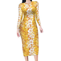 Hawaiian Lei Day Long Sleeve Bodycon Dress Gold Hibiscus Flowers Lei Art LT9 Long Dress Gold - Polynesian Pride