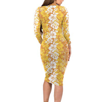 Hawaiian Lei Day Long Sleeve Bodycon Dress Gold Hibiscus Flowers Lei Art LT9 - Polynesian Pride