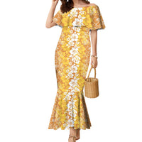 Hawaiian Lei Day Mermaid Dress Gold Hibiscus Flowers Lei Art