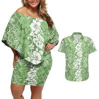 Hawaiian Lei Day Couples Matching Off Shoulder Short Dress and Hawaiian Shirt Green Hibiscus Flowers Lei Art LT9 Green - Polynesian Pride