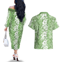 Hawaiian Lei Day Couples Matching Off The Shoulder Long Sleeve Dress and Hawaiian Shirt Green Hibiscus Flowers Lei Art LT9 - Polynesian Pride