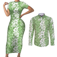 Hawaiian Lei Day Couples Matching Short Sleeve Bodycon Dress and Long Sleeve Button Shirt Green Hibiscus Flowers Lei Art LT9 Green - Polynesian Pride
