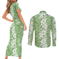 Hawaiian Lei Day Couples Matching Short Sleeve Bodycon Dress and Long Sleeve Button Shirt Green Hibiscus Flowers Lei Art LT9 - Polynesian Pride