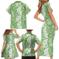 Hawaiian Lei Day Family Matching Short Sleeve Bodycon Dress and Hawaiian Shirt Green Hibiscus Flowers Lei Art LT9 - Polynesian Pride
