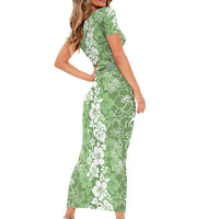 Hawaiian Lei Day Short Sleeve Bodycon Dress Green Hibiscus Flowers Lei Art LT9 - Polynesian Pride