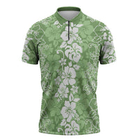 Hawaiian Lei Day Zipper Polo Shirt Green Hibiscus Flowers Lei Art LT9 Green - Polynesian Pride