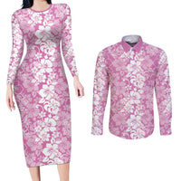 Hawaiian Lei Day Couples Matching Long Sleeve Bodycon Dress and Long Sleeve Button Shirt Pink Hibiscus Flowers Lei Art LT9 Pink - Polynesian Pride