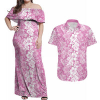 Hawaiian Lei Day Couples Matching Off Shoulder Maxi Dress and Hawaiian Shirt Pink Hibiscus Flowers Lei Art LT9 Pink - Polynesian Pride