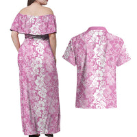 Hawaiian Lei Day Couples Matching Off Shoulder Maxi Dress and Hawaiian Shirt Pink Hibiscus Flowers Lei Art LT9 - Polynesian Pride