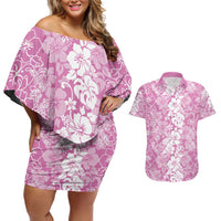 Hawaiian Lei Day Couples Matching Off Shoulder Short Dress and Hawaiian Shirt Pink Hibiscus Flowers Lei Art LT9 Pink - Polynesian Pride