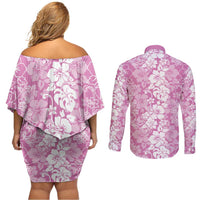 Hawaiian Lei Day Couples Matching Off Shoulder Short Dress and Long Sleeve Button Shirt Pink Hibiscus Flowers Lei Art LT9 - Polynesian Pride