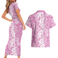 Hawaiian Lei Day Couples Matching Short Sleeve Bodycon Dress and Hawaiian Shirt Pink Hibiscus Flowers Lei Art LT9 - Polynesian Pride