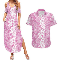 Hawaiian Lei Day Couples Matching Summer Maxi Dress and Hawaiian Shirt Pink Hibiscus Flowers Lei Art LT9 Pink - Polynesian Pride