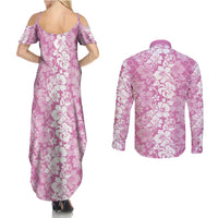 Hawaiian Lei Day Couples Matching Summer Maxi Dress and Long Sleeve Button Shirt Pink Hibiscus Flowers Lei Art LT9 - Polynesian Pride