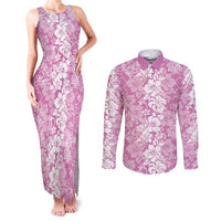 Hawaiian Lei Day Couples Matching Tank Maxi Dress and Long Sleeve Button Shirt Pink Hibiscus Flowers Lei Art LT9 Pink - Polynesian Pride