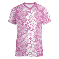 Hawaiian Lei Day Women V-Neck T-Shirt Pink Hibiscus Flowers Lei Art LT9 Female Pink - Polynesian Pride