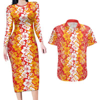 Hawaiian Lei Day Couples Matching Long Sleeve Bodycon Dress and Hawaiian Shirt Red Hibiscus Flowers Lei Art LT9 Red - Polynesian Pride