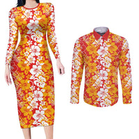 Hawaiian Lei Day Couples Matching Long Sleeve Bodycon Dress and Long Sleeve Button Shirt Red Hibiscus Flowers Lei Art LT9 Red - Polynesian Pride