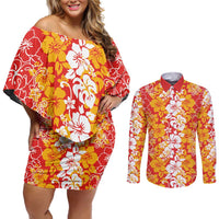 Hawaiian Lei Day Couples Matching Off Shoulder Short Dress and Long Sleeve Button Shirt Red Hibiscus Flowers Lei Art LT9 Red - Polynesian Pride