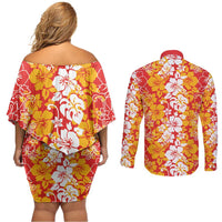 Hawaiian Lei Day Couples Matching Off Shoulder Short Dress and Long Sleeve Button Shirt Red Hibiscus Flowers Lei Art LT9 - Polynesian Pride