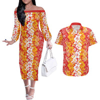 Hawaiian Lei Day Couples Matching Off The Shoulder Long Sleeve Dress and Hawaiian Shirt Red Hibiscus Flowers Lei Art LT9 Red - Polynesian Pride