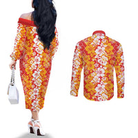 Hawaiian Lei Day Couples Matching Off The Shoulder Long Sleeve Dress and Long Sleeve Button Shirt Red Hibiscus Flowers Lei Art LT9 - Polynesian Pride