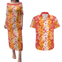Hawaiian Lei Day Couples Matching Puletasi and Hawaiian Shirt Red Hibiscus Flowers Lei Art LT9 Red - Polynesian Pride