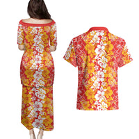 Hawaiian Lei Day Couples Matching Puletasi and Hawaiian Shirt Red Hibiscus Flowers Lei Art LT9 - Polynesian Pride