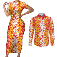 Hawaiian Lei Day Couples Matching Short Sleeve Bodycon Dress and Long Sleeve Button Shirt Red Hibiscus Flowers Lei Art LT9 Red - Polynesian Pride