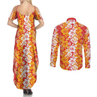 Hawaiian Lei Day Couples Matching Summer Maxi Dress and Long Sleeve Button Shirt Red Hibiscus Flowers Lei Art LT9 - Polynesian Pride