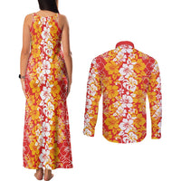 Hawaiian Lei Day Couples Matching Tank Maxi Dress and Long Sleeve Button Shirt Red Hibiscus Flowers Lei Art LT9 - Polynesian Pride