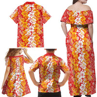 Hawaiian Lei Day Family Matching Off Shoulder Maxi Dress and Hawaiian Shirt Red Hibiscus Flowers Lei Art LT9 - Polynesian Pride