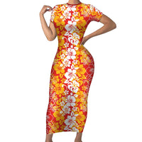 Hawaiian Lei Day Family Matching Short Sleeve Bodycon Dress and Hawaiian Shirt Red Hibiscus Flowers Lei Art LT9 Mom's Dress Red - Polynesian Pride