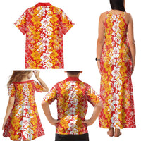 Hawaiian Lei Day Family Matching Tank Maxi Dress and Hawaiian Shirt Red Hibiscus Flowers Lei Art LT9 - Polynesian Pride