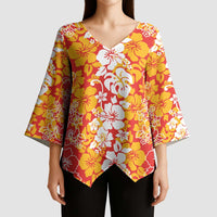 Hawaiian Lei Day Kimono Sleeve Blouse Red Hibiscus Flowers Lei Art - Polynesian Pride